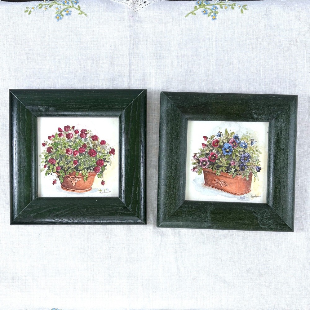 Peggy Abrams Floral Prints Set of 2 Dark Green Wood Frames Potted Roses Pansies